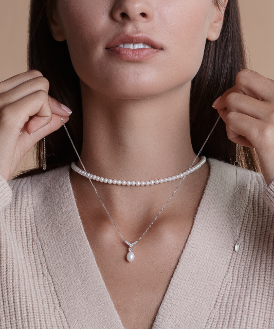 Sidabrinė grandinėle su Perlu ir cirkoniais - Perlų vėriniai - Goldinga