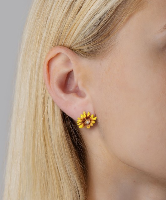 Sidabriniai paauksuoti auskarai su cirkoniais ir emale "Gėlė" - Sidabriniai auskarai - Goldinga