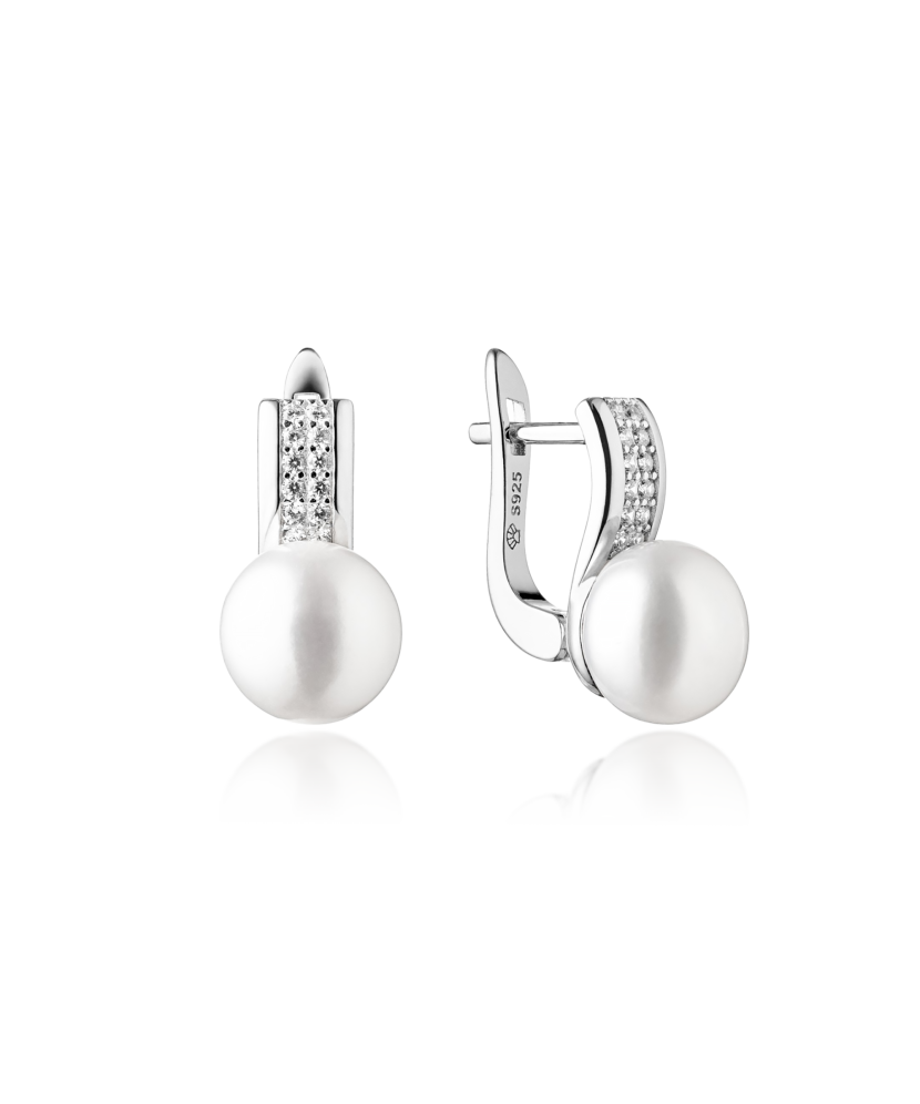 Sidabriniai auskarai su cirkoniais ir natūraliais perlais - Auskarai su perlais - Goldinga