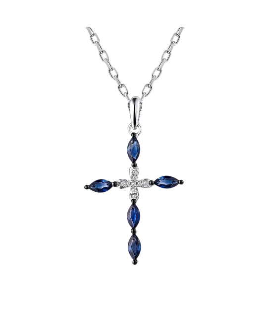 Balto aukso pakabukas su deimantais ir safyrais "Kryželis"
