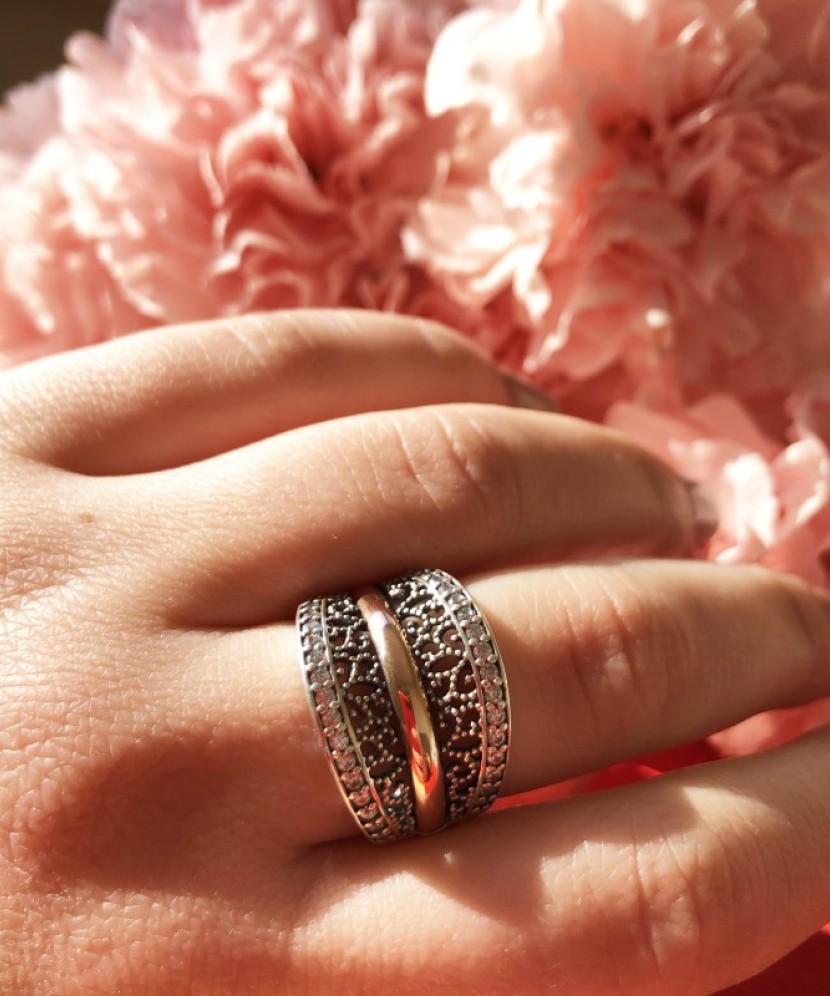 Sidabrinis žiedas dengtas auksu su cirkoniais - Sidabriniai žiedai - Goldinga