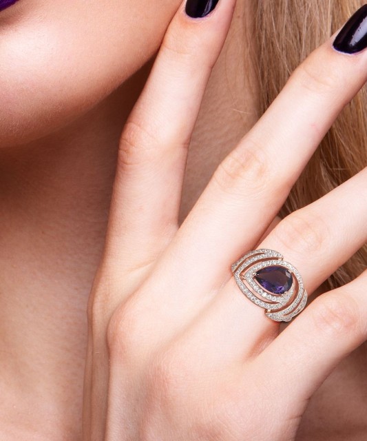 Paauksuotas sidabrinis žiedas su cirkoniais - Sidabriniai žiedai - Goldinga