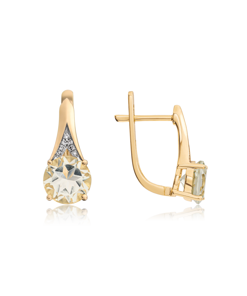 Geltono aukso auskarai su deimantais ir žaliuoju ametistu