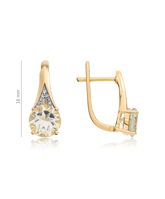 Geltono aukso auskarai su deimantais ir žaliuoju ametistu