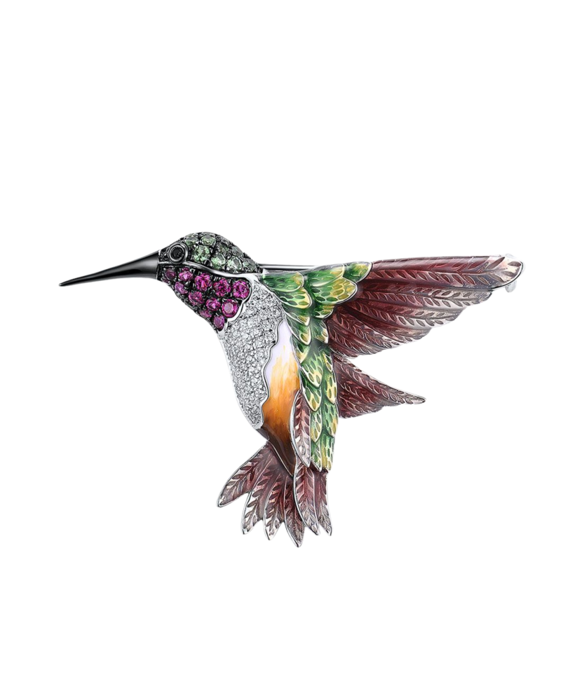 Paauksuota Sidabrinė sagė su nano rubinais, emale ir cirkoniais