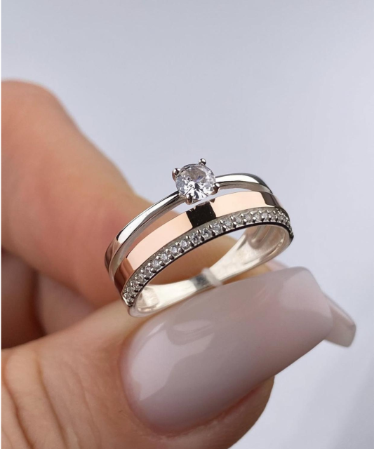 Sidabrinis žiedas dengtas auksu su cirkoniais