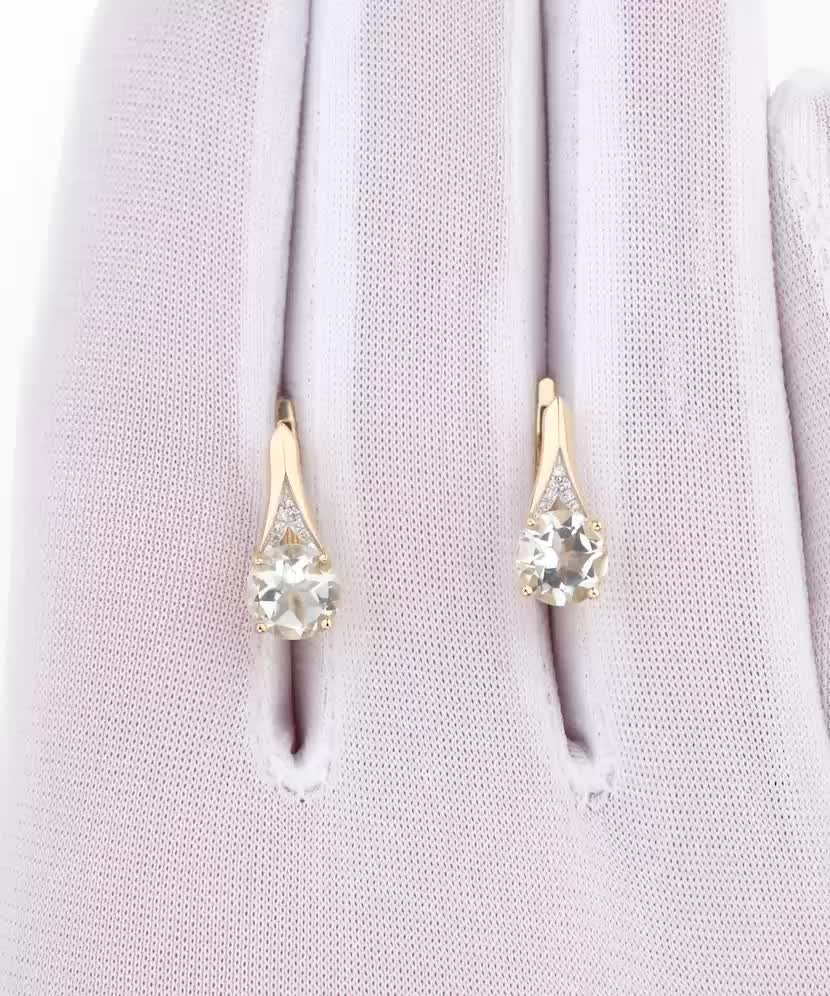 Geltono aukso auskarai su deimantais ir žaliuoju ametistu