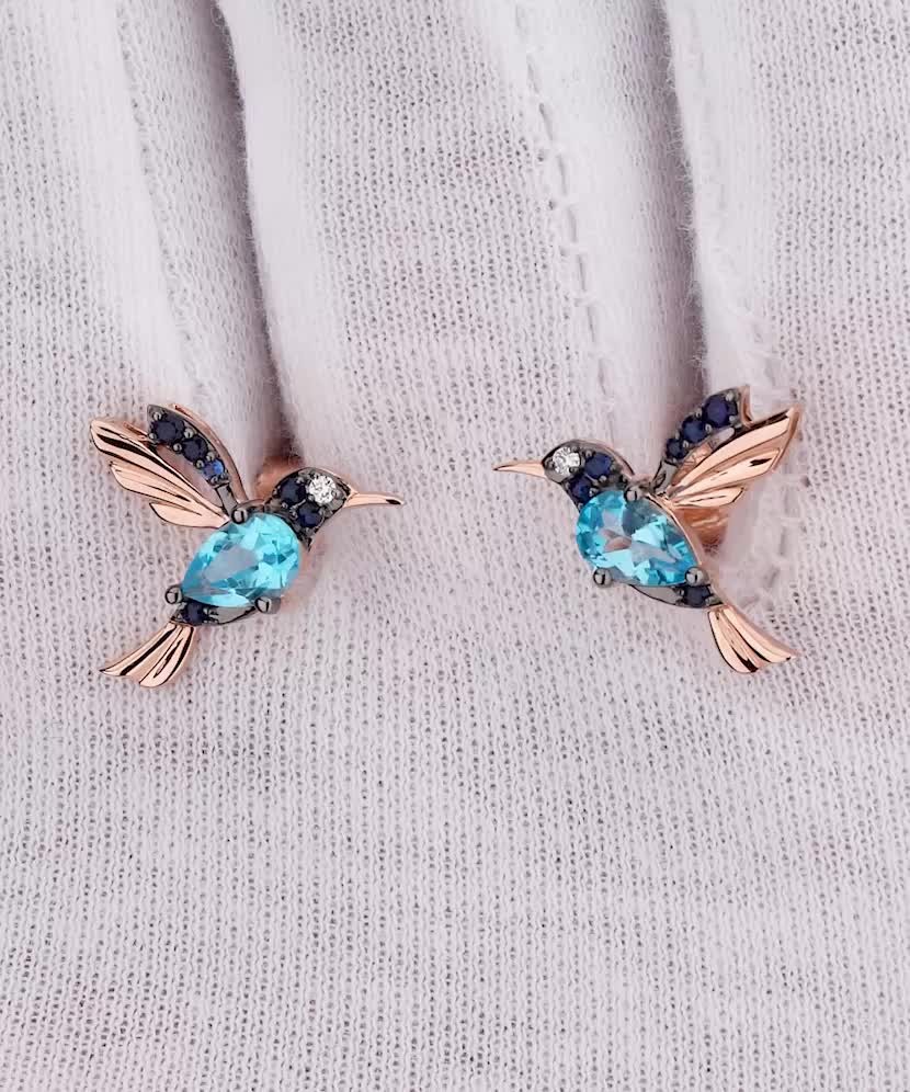 Auksiniai auskarai su topazais, safyrais ir briliantais  - Goldinga